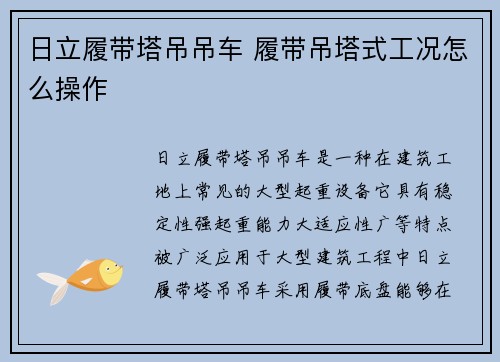 日立履带塔吊吊车 履带吊塔式工况怎么操作
